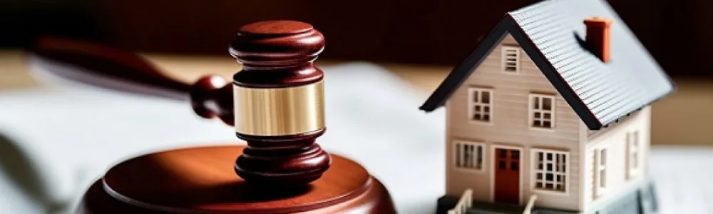 Жилищное право, домик и молоток судьи на столе